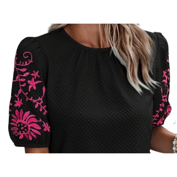 Embroidered Puff Sleeve Blouse Floral Round Neck Casual Chic Black With Fuchsia - Picture 2 of 5